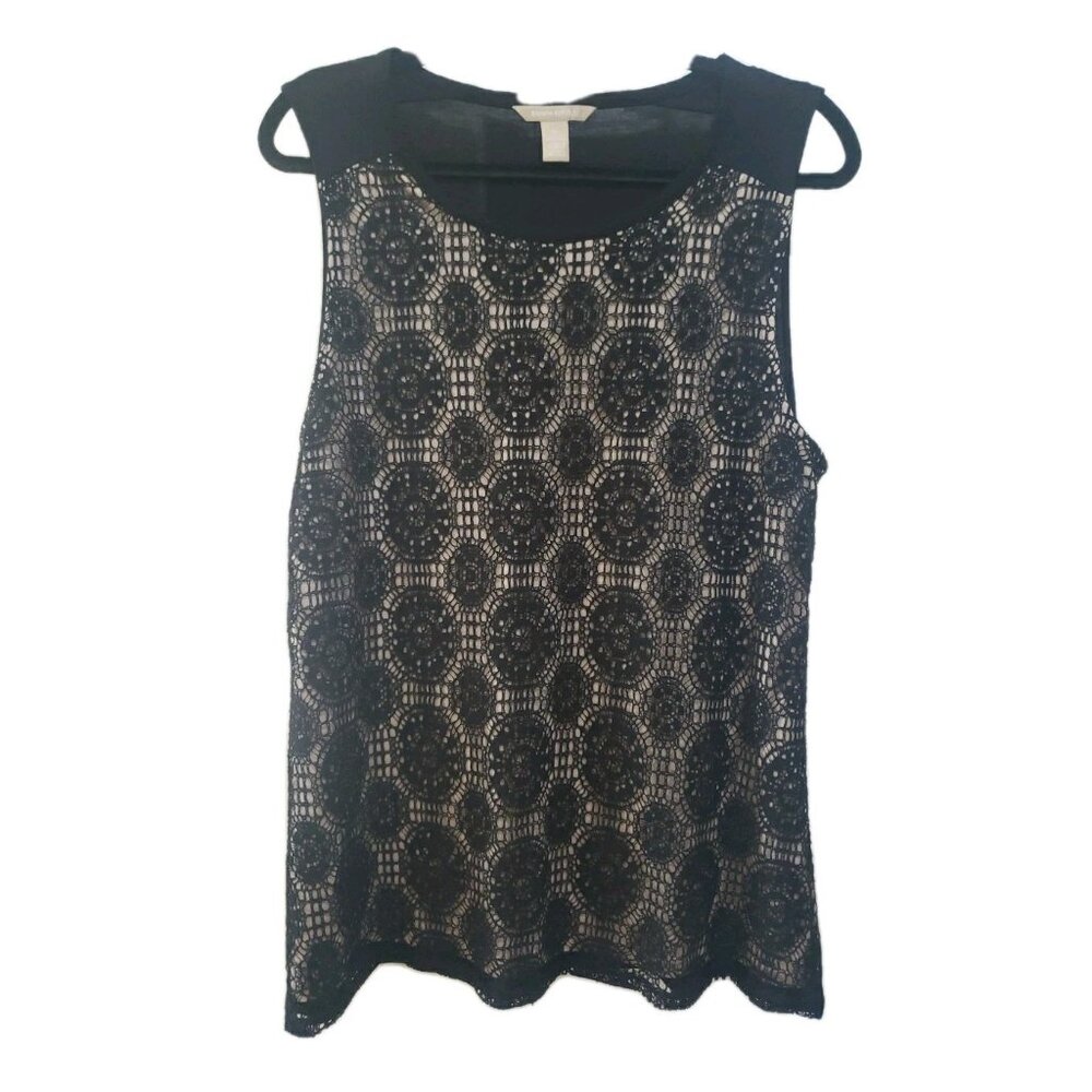 Banana Republic Top Tunic Black Lace Overlay Sleeveless Tank XL Goth Stretch